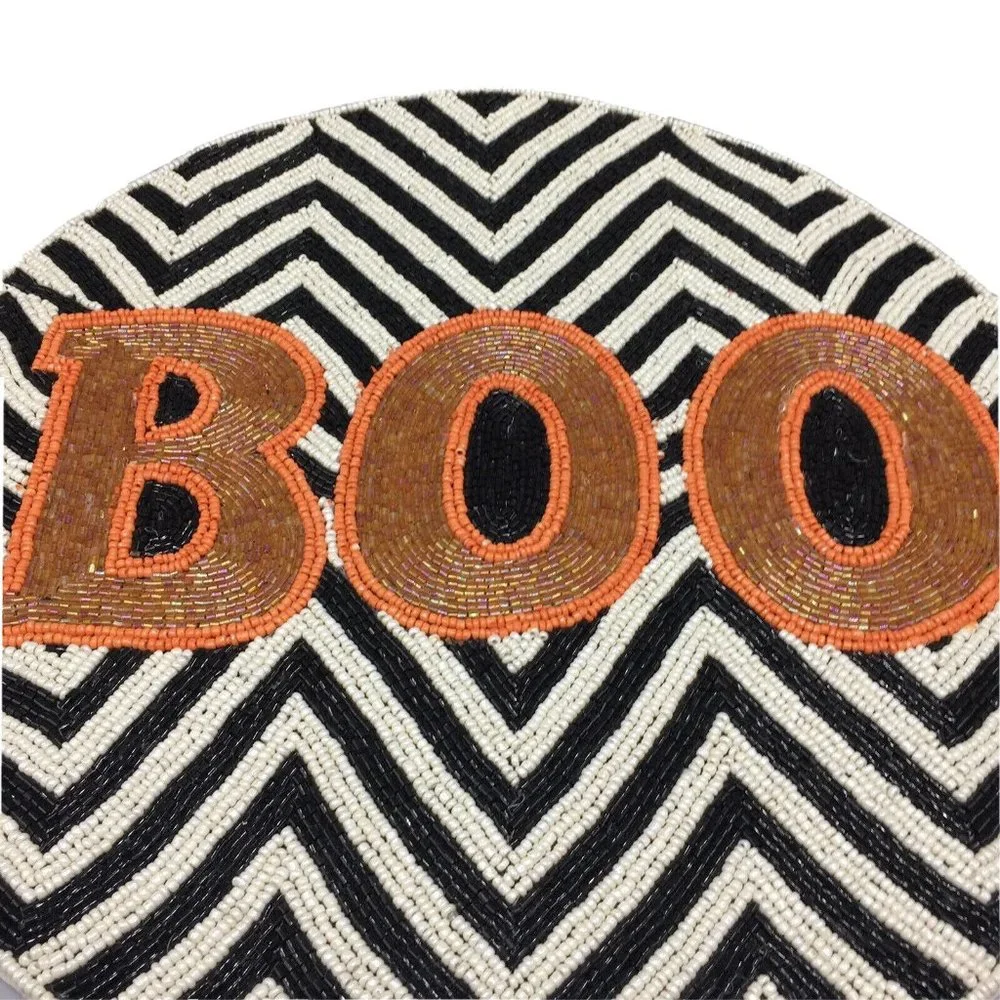 Nicole Miller Halloween Beaded BOO Placemat Centerpiece Black White Chevron 15”